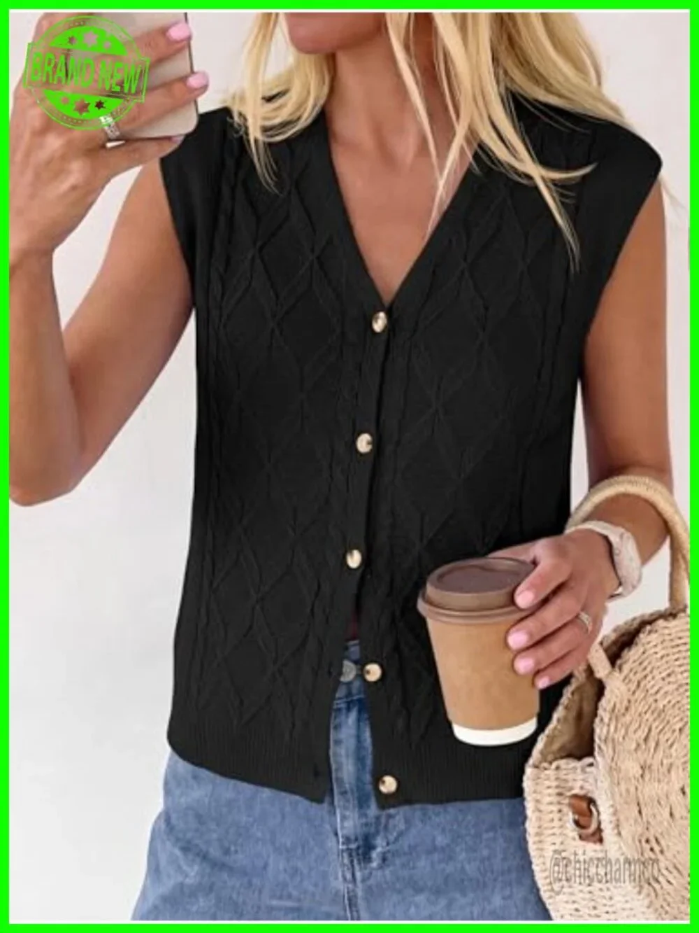 V-Neck Cap Sleeve Cable Knit Button Vest Sweater - Lightweight Loose Fit